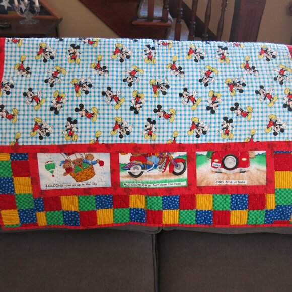 Vintage Handmade Handsewn Bears On Go Micky Mouse Double Sided Cotton Quilt - Picture 2 of 16